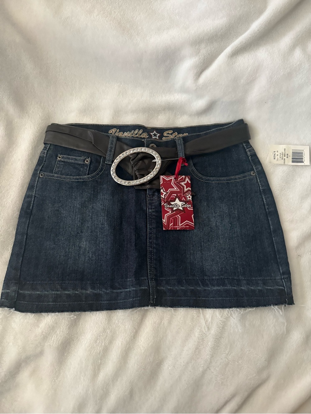 Vanilla Star Dark Blue Denim Mini Skirt with Black Belt & Oval Rhinestone Buckle